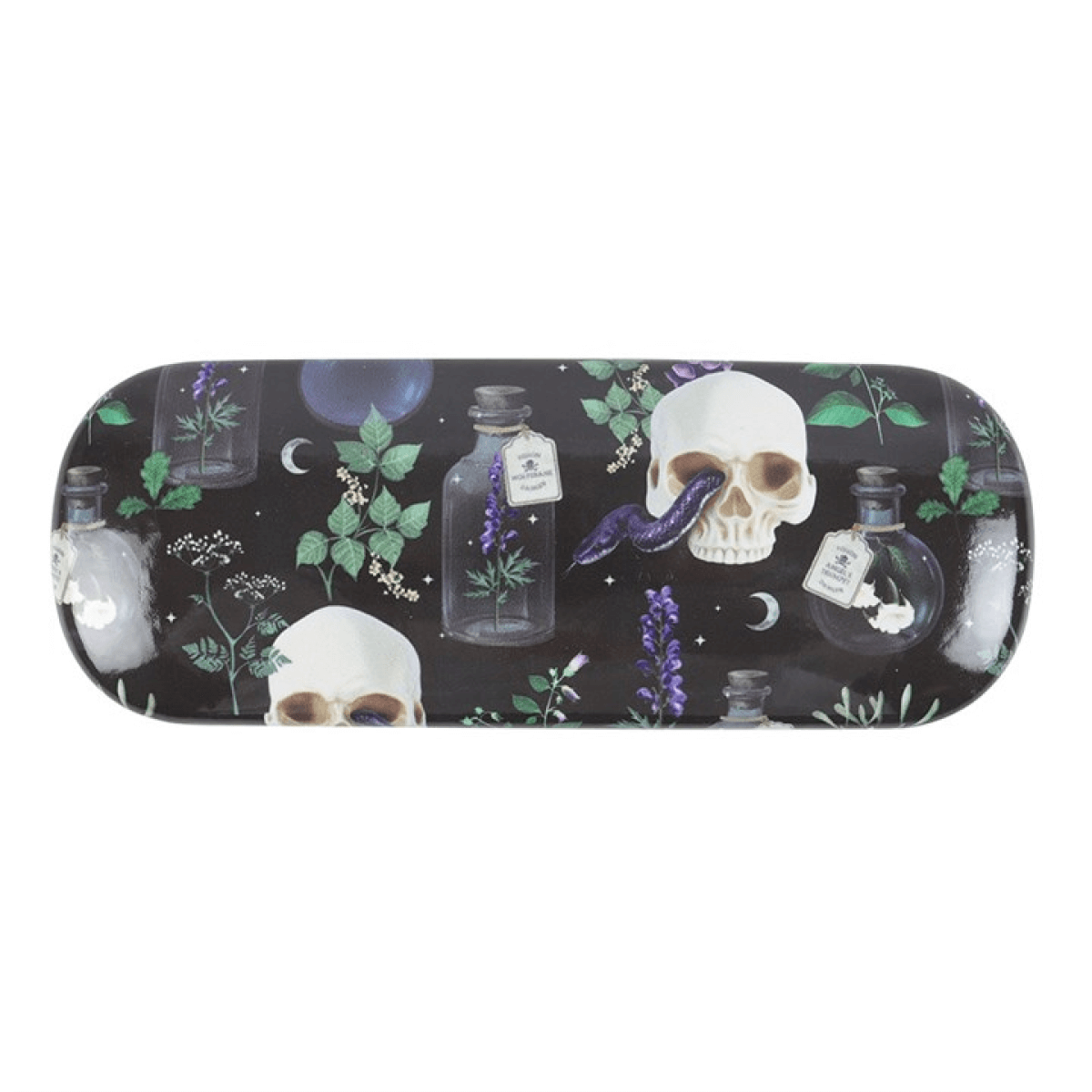 Skateboard deck with skull and potion bottle design on a black background