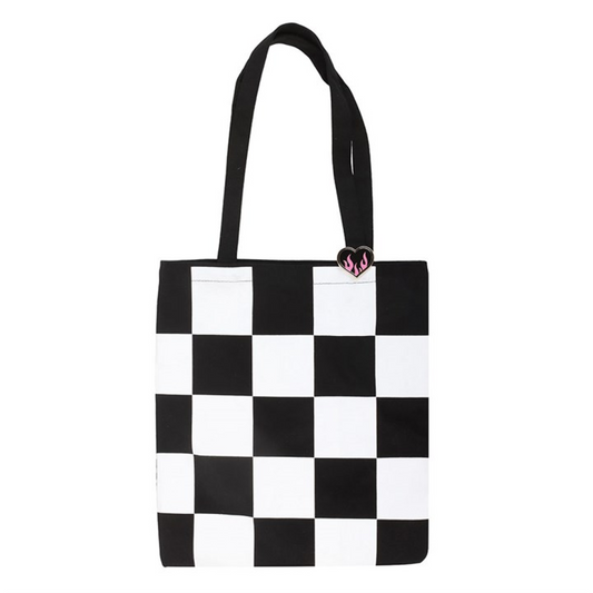 Checkerboard Print Polycotton Tote Bag with Enamel Heart Pin Badge N/A