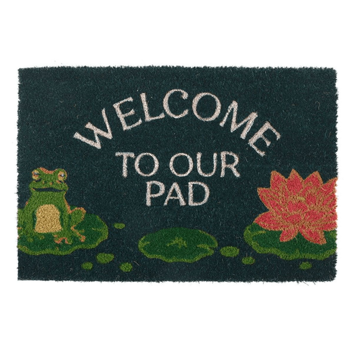 Doormat with 'Welcome to our pad' text, frog, and lily pad design on a white background