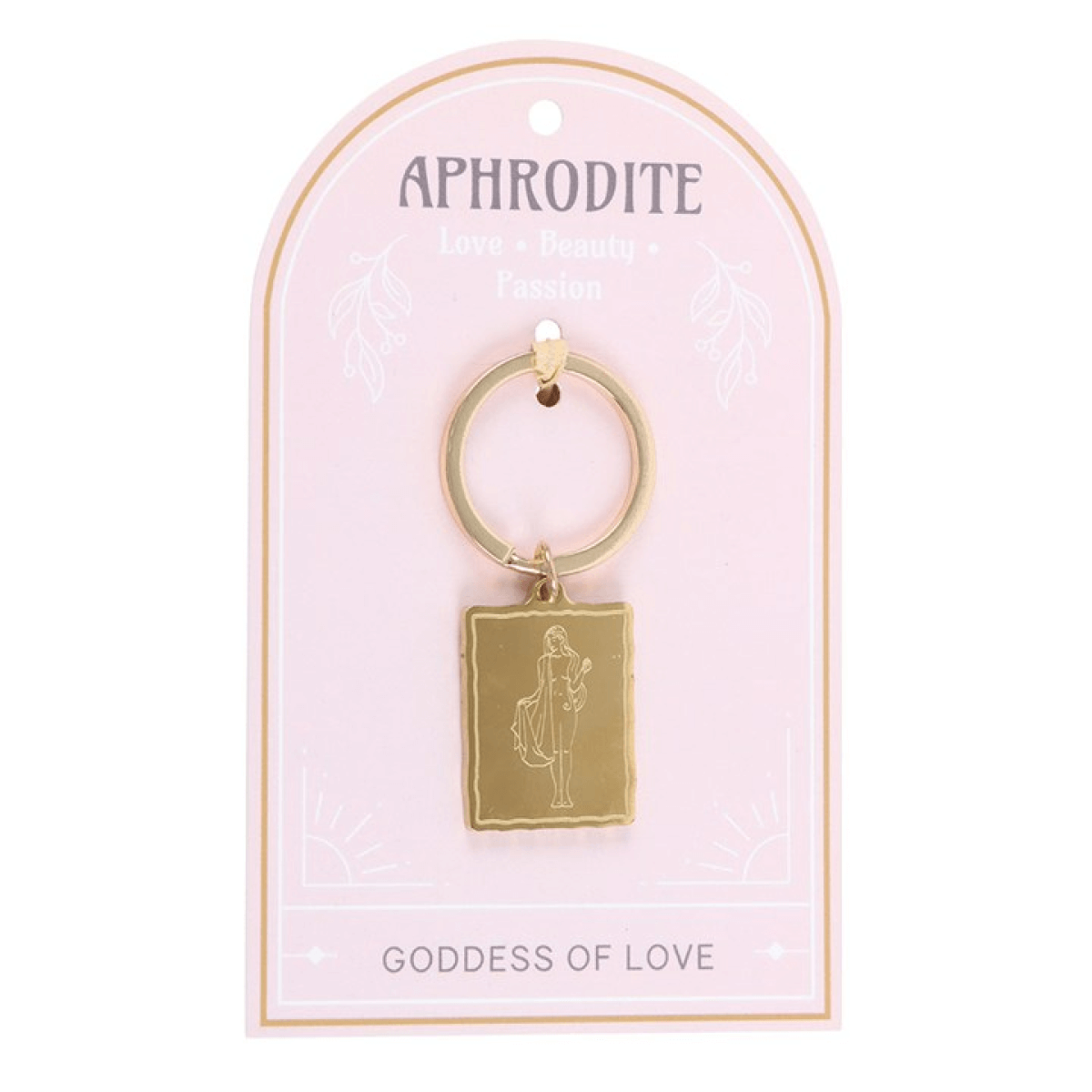 Gold keychain with a rectangular pendant on a pink card featuring 'Aphrodite' and 'Goddess of Love'.