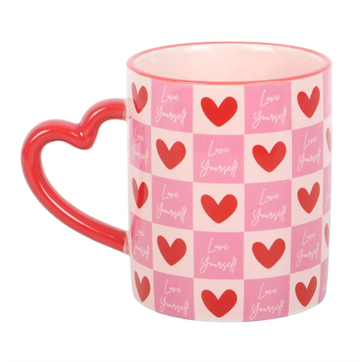 Love Yourself Checkered Mug with Heart Handle N/A