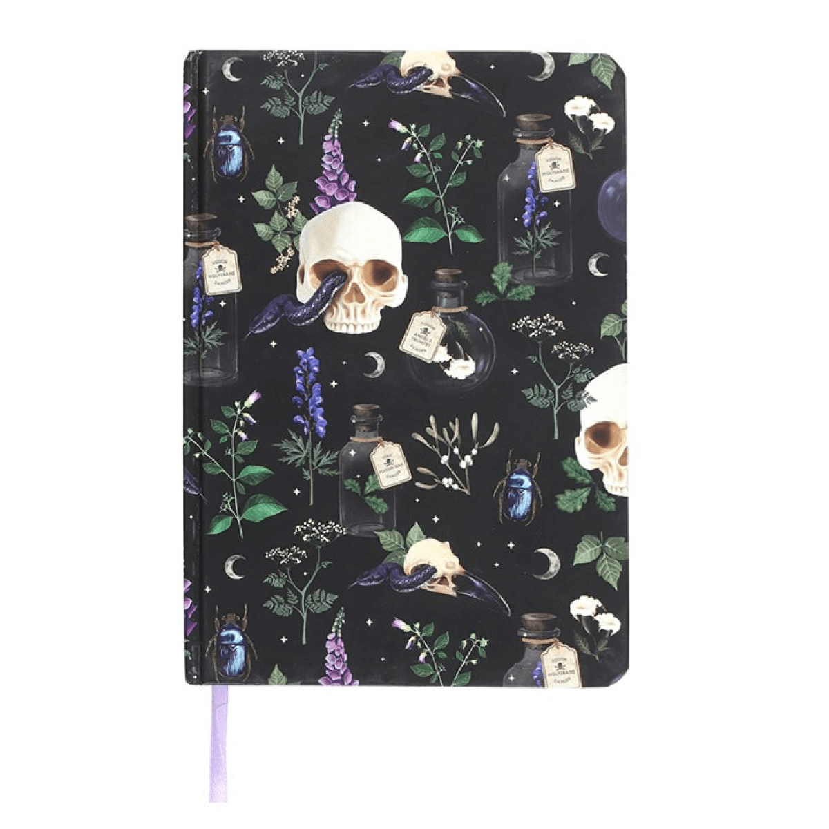 Notebook with skull and potion design on a black background