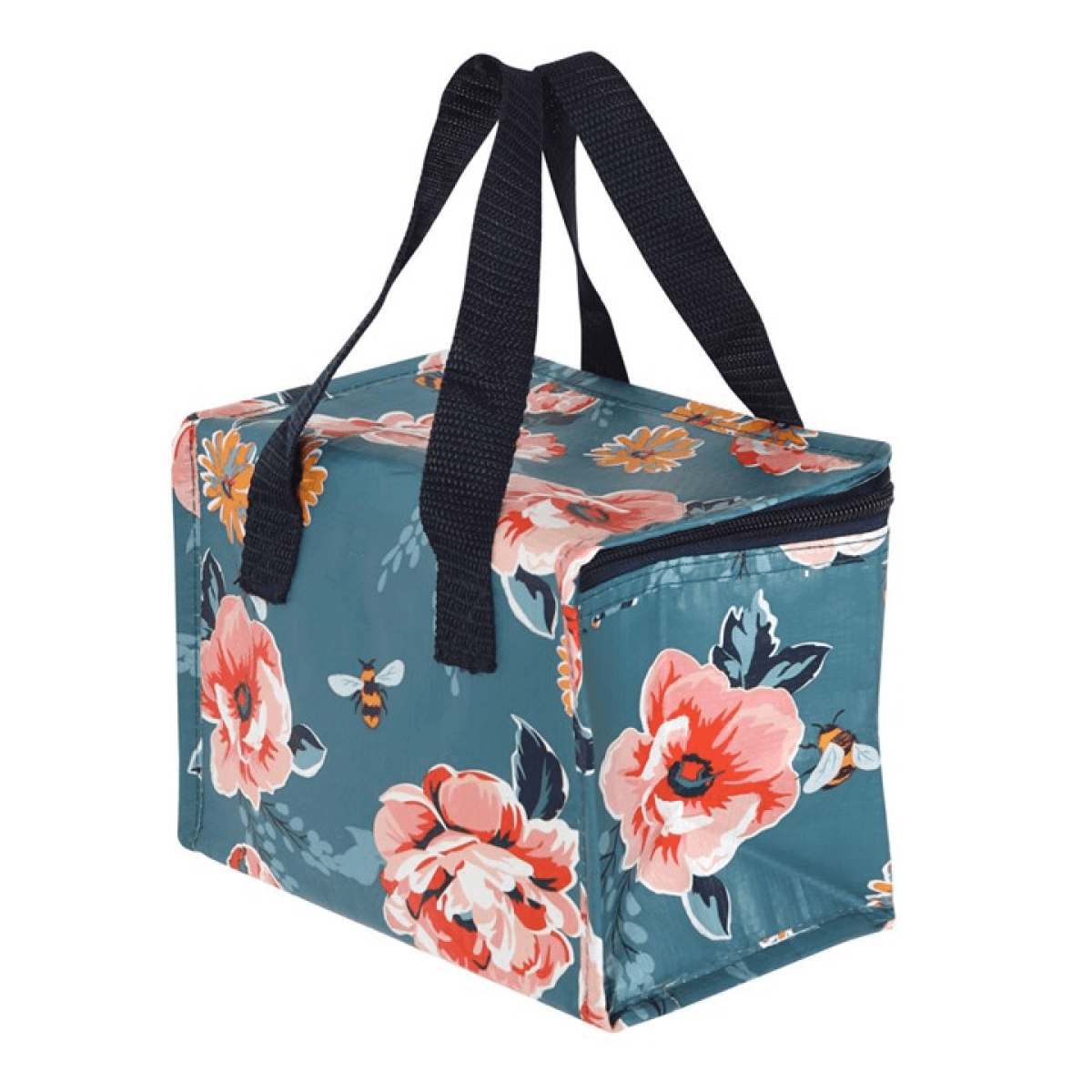 Floral-patterned cooler bag with black straps on a white background
