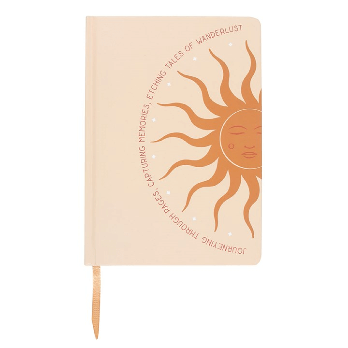Beige notebook with sun illustration and text on a white background