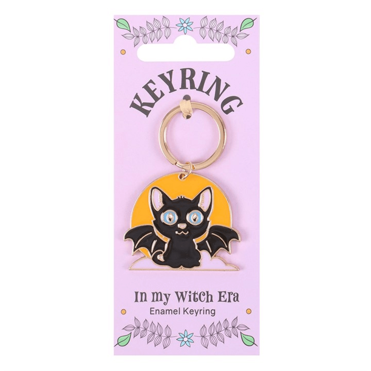 Keyring with bat design on a purple card with text