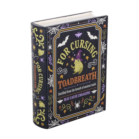 Toadbreath spell book shaped storage box ideal for Halloween decor and witchy themes, perfect for storing small items.