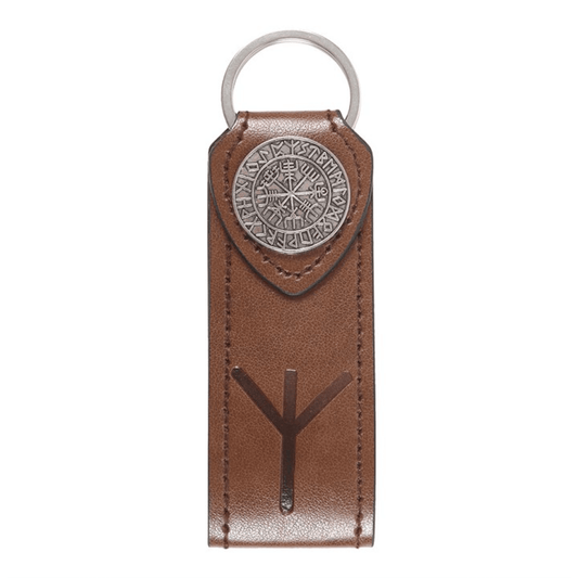 Brown leather keychain with metal ring and engraved design on a white background