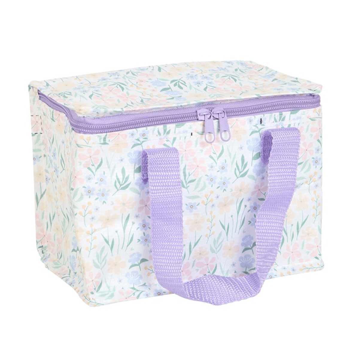 Storage box with floral pattern and purple handles on a white background