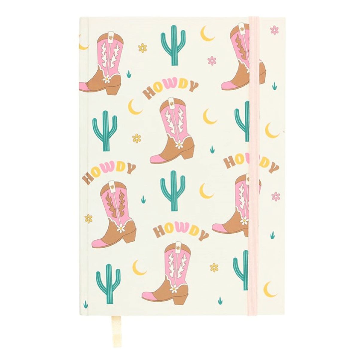 Notebook with cowboy boot and cactus pattern on a white background