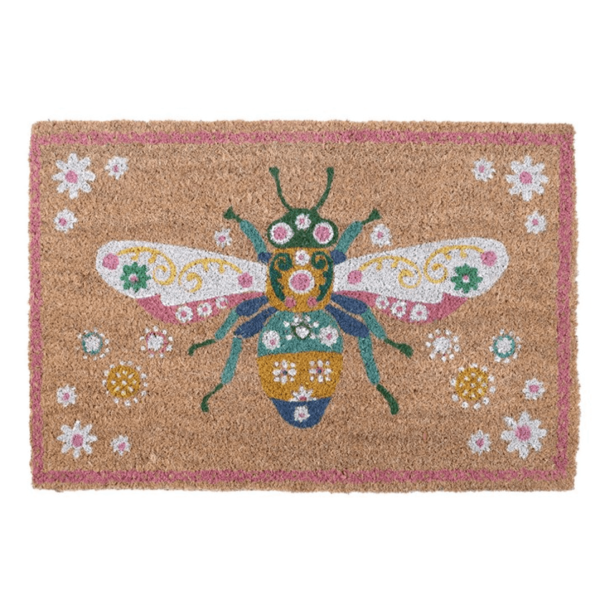 Doormat with bee design and floral patterns on a white background