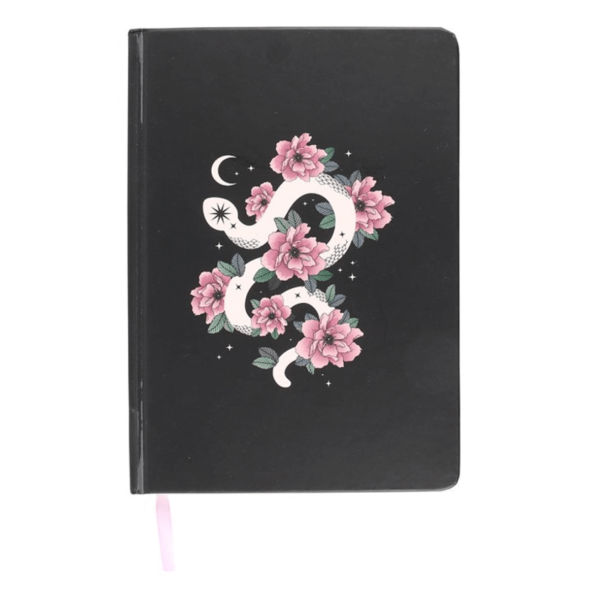 Black notebook with a snake and floral design on a white background
