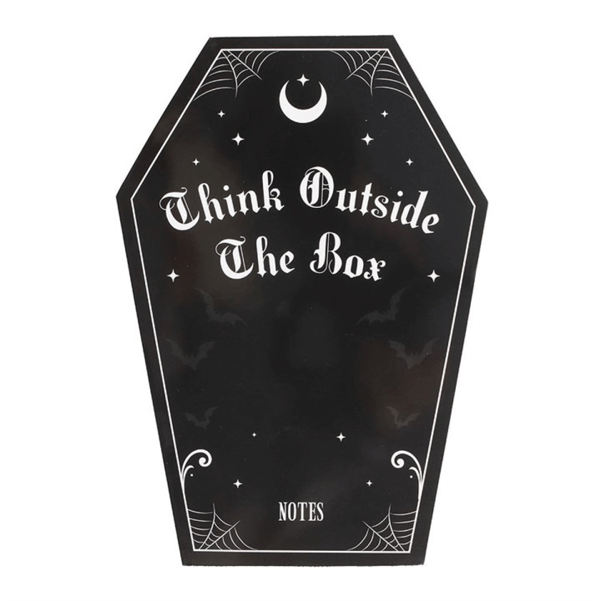 Black coffin-shaped notepad with 'Think Outside The Box' text and spider web design on a white background