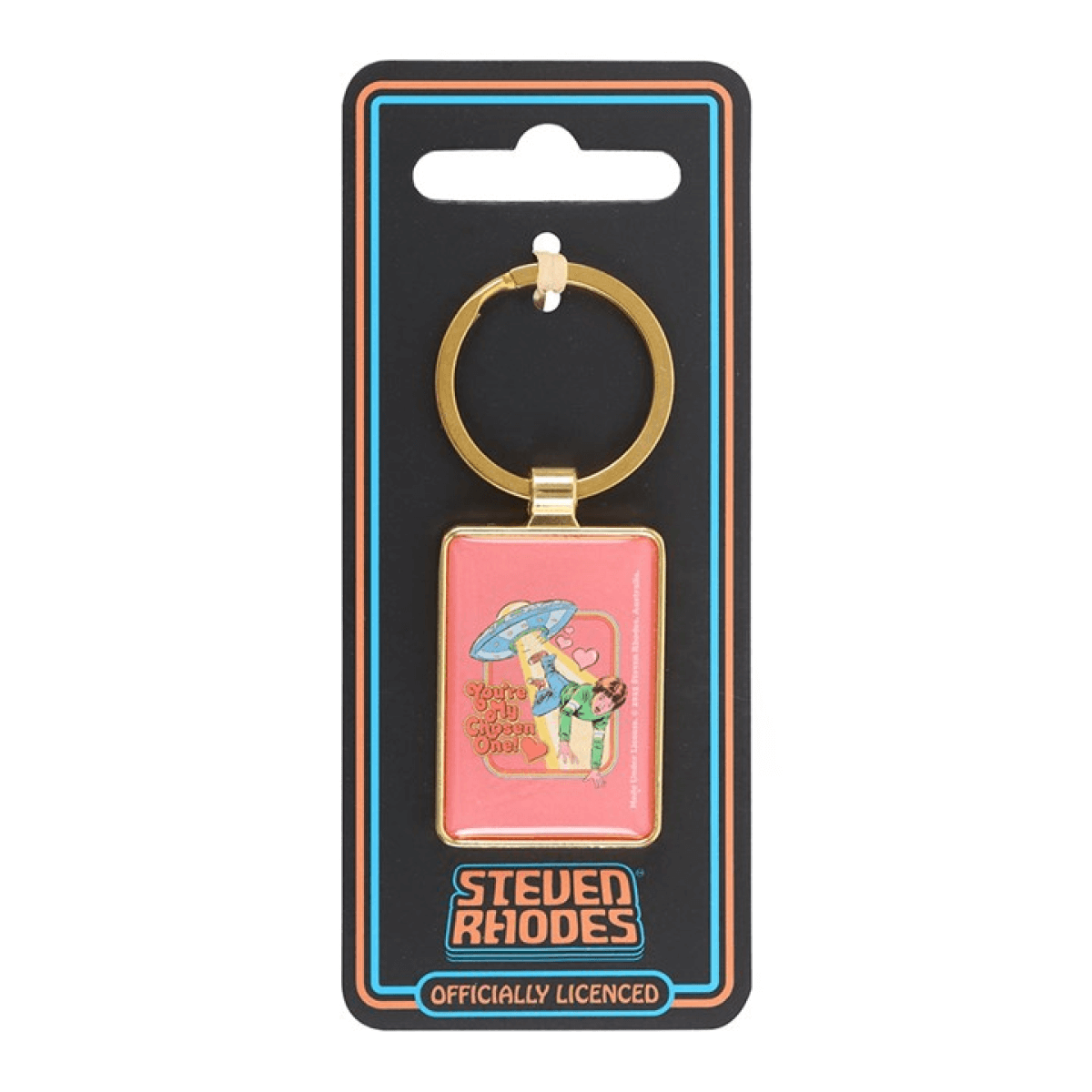 Keychain with a cartoon character design on a black card with 'Steven Rhodes' branding.