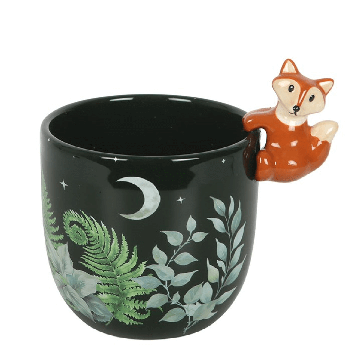 Black mug with a fox handle and nature-themed design on a white background