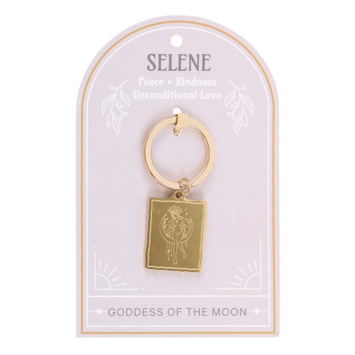 Gold keychain with a tag featuring the brand 'Selene' on a white background