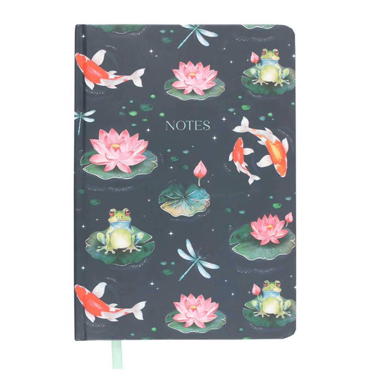 Notebook with pond-themed design featuring frogs, lotus flowers, and koi fish on a dark blue background.