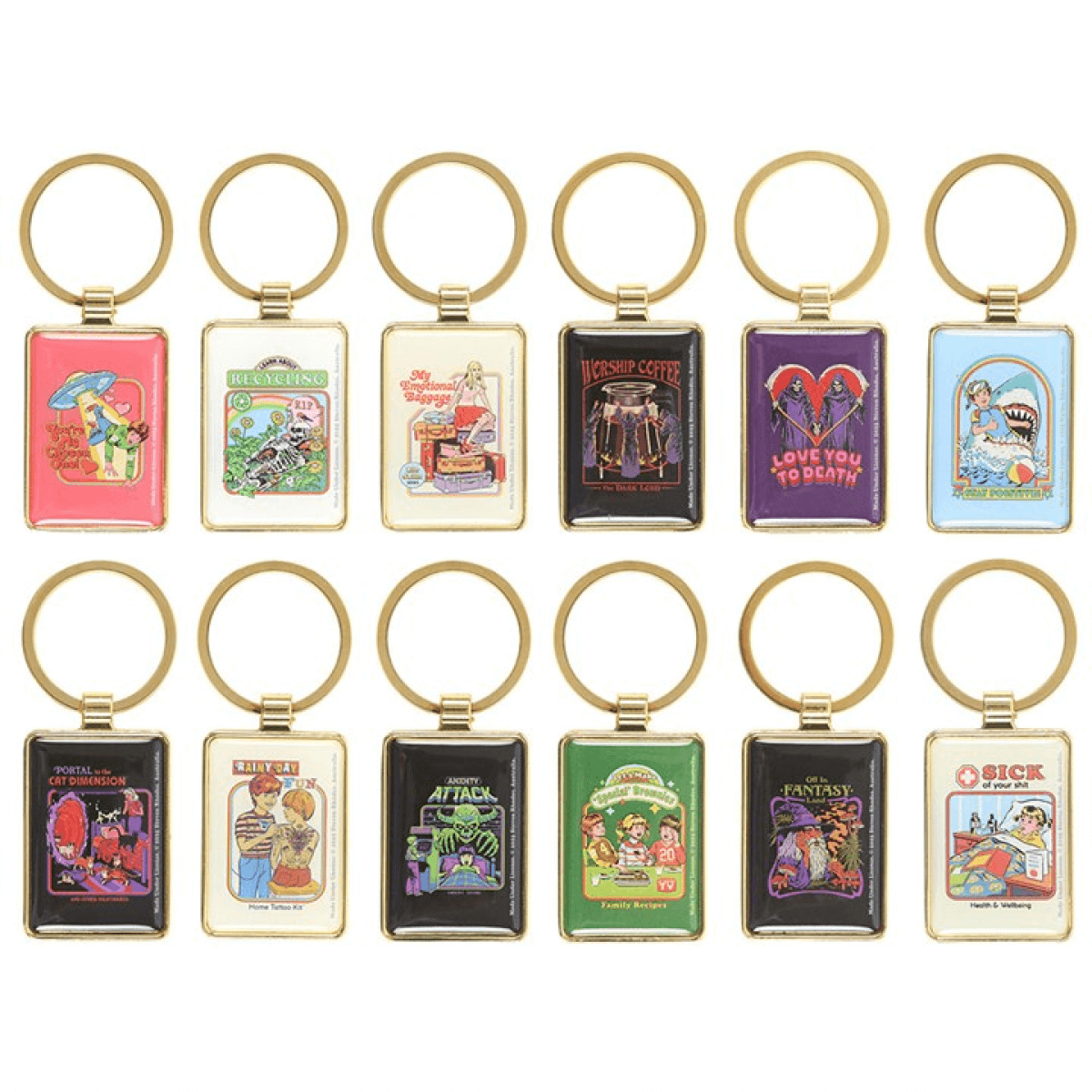 Collection of colorful keychains with various designs on a white background