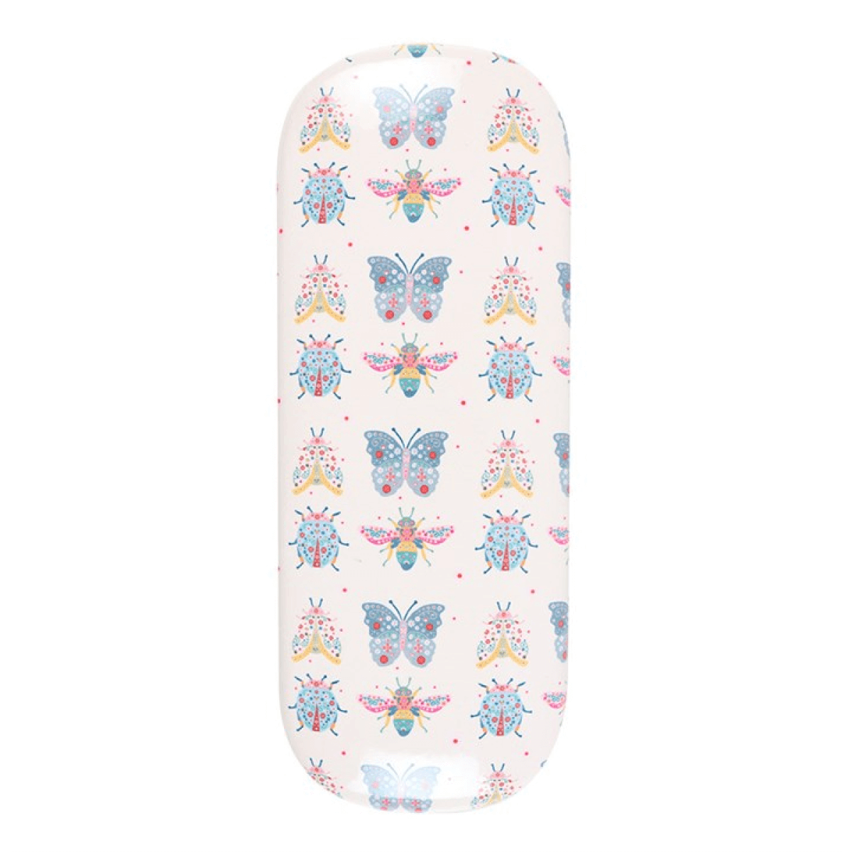 Floral-patterned ironing board cover with butterflies on a white background