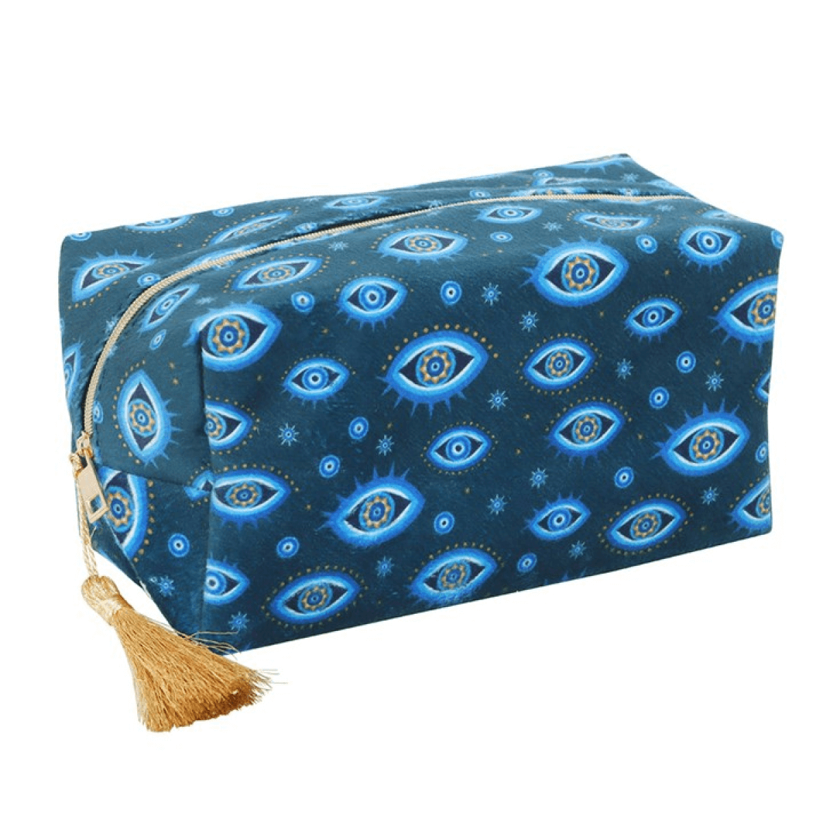 Blue pouch with eye pattern and gold tassel on a white background