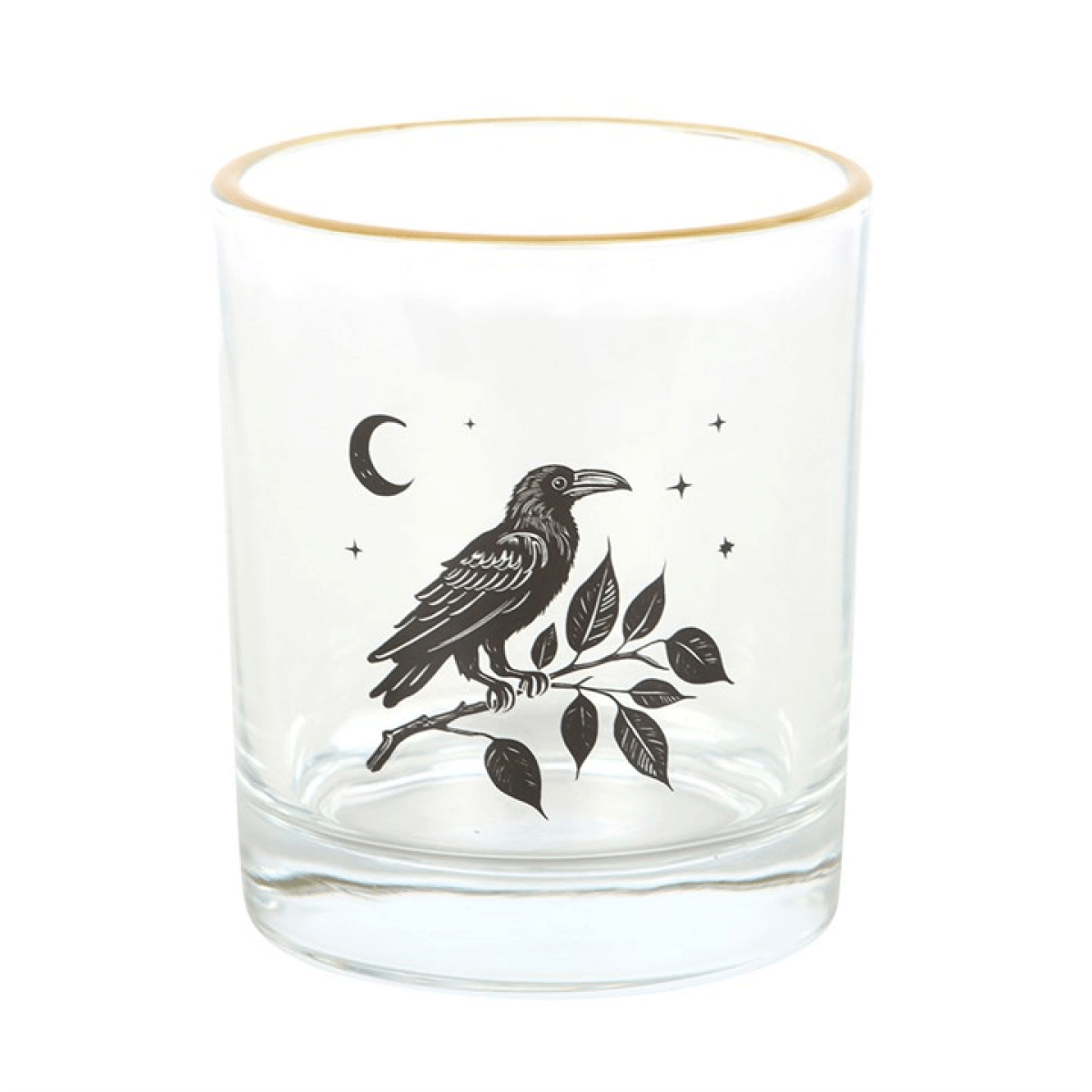 Clear glass tumbler with a black bird and leaf design on a white background