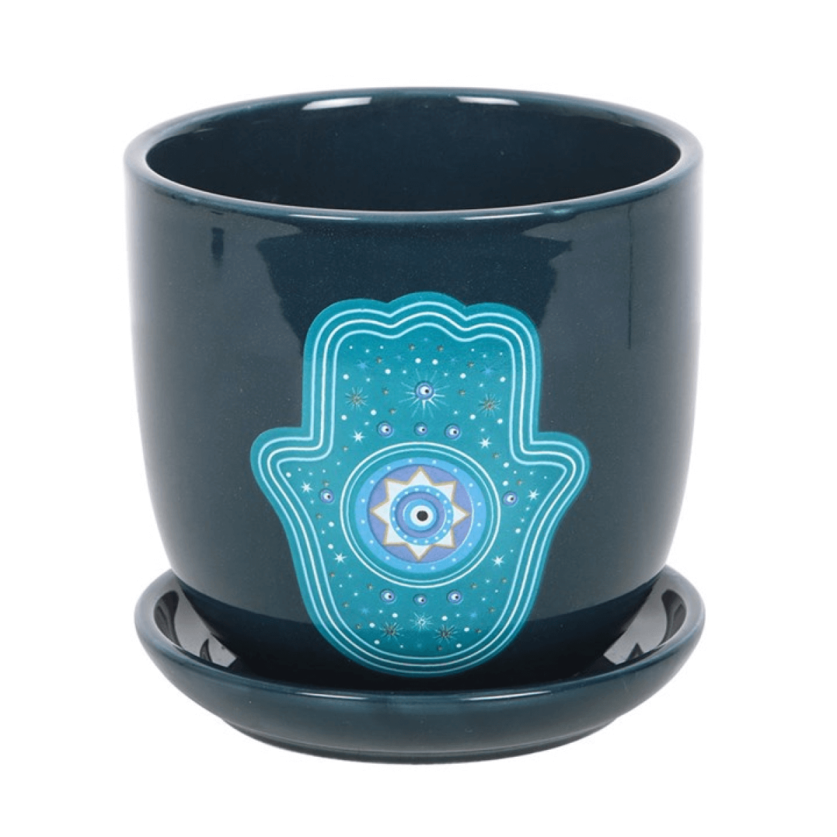 Dark blue ceramic pot with a Hamsa hand design on a white background