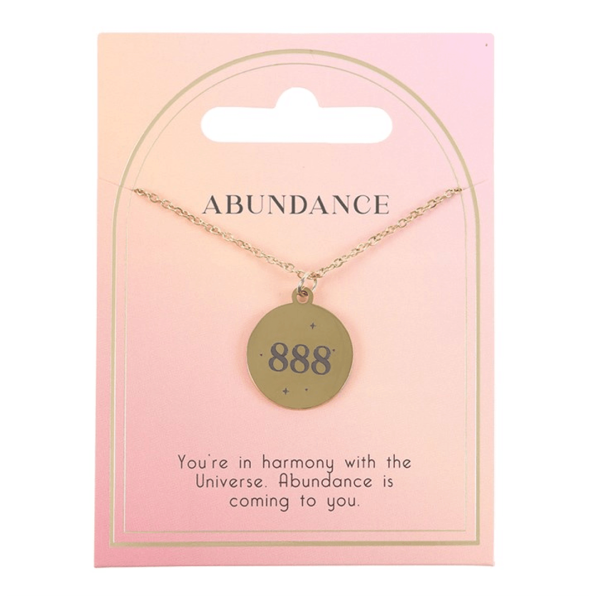 888 Angel Number Abundance Necklace on a card, symbolizing spiritual abundance and cosmic connection.