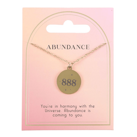 888 Angel Number Abundance Necklace on a card, symbolizing spiritual abundance and cosmic connection.