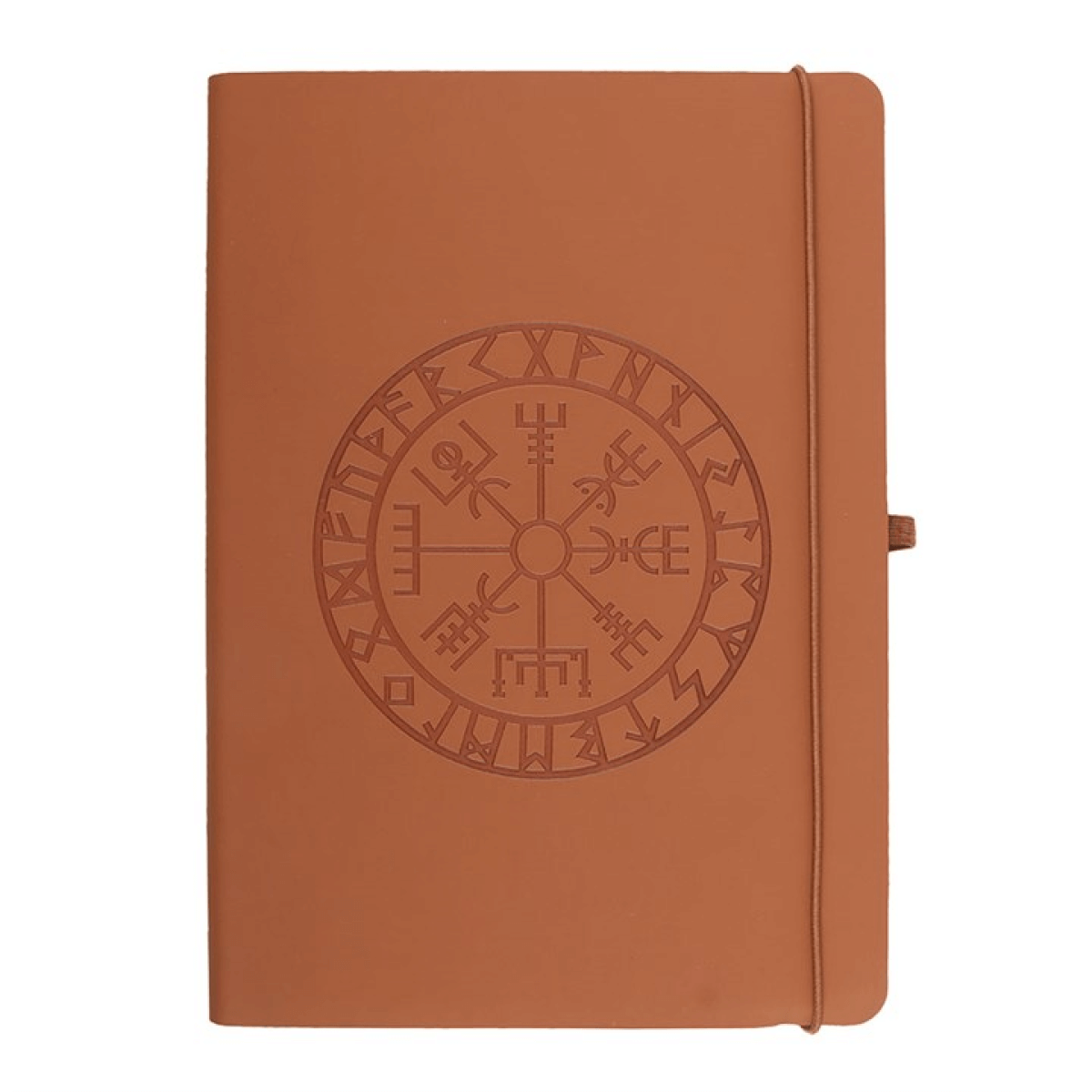 Brown notebook with a circular emblem featuring symbols on a white background