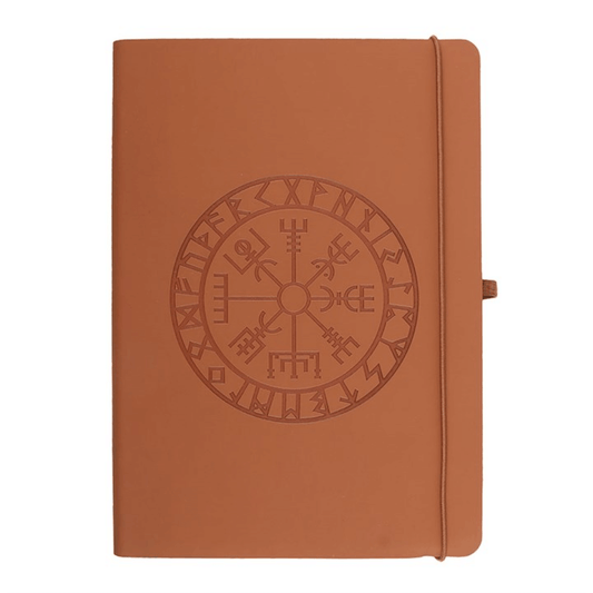 Brown notebook with a circular emblem featuring symbols on a white background
