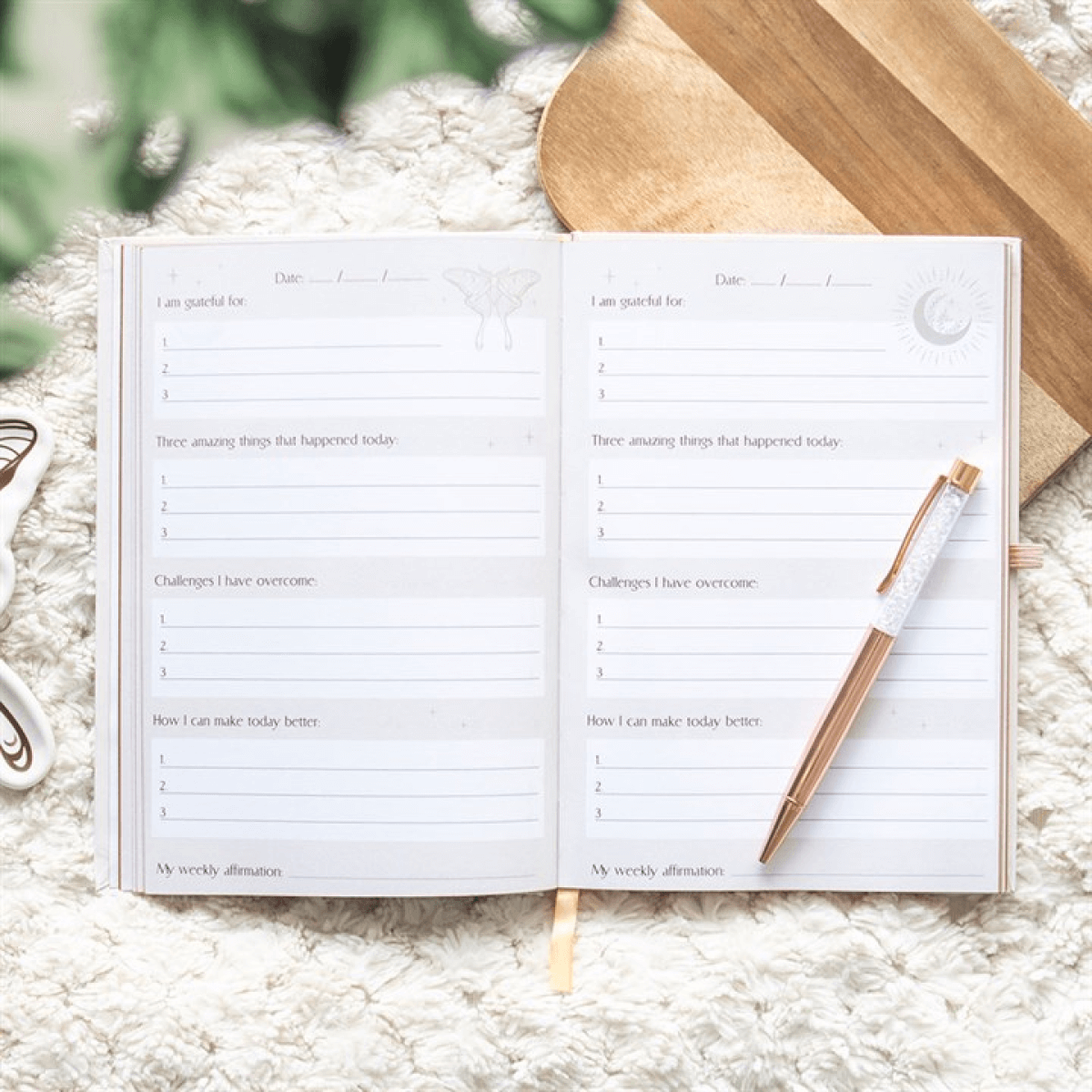 Open journal with a pen on a textured surface