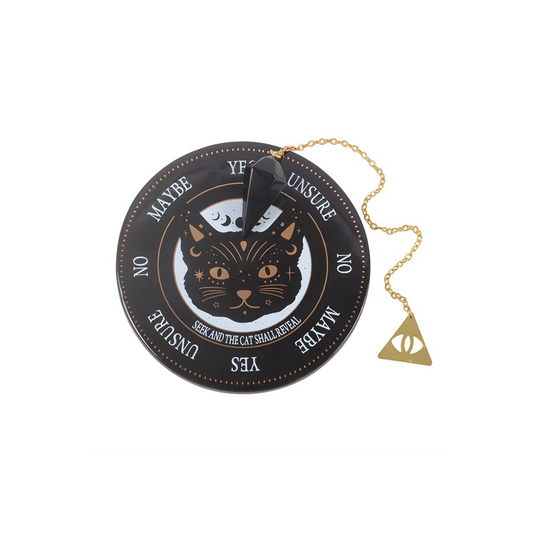 Black Cat Magick Pendulum Divination Kit featuring ceramic board and obsidian pendulum for intuitive guidance.