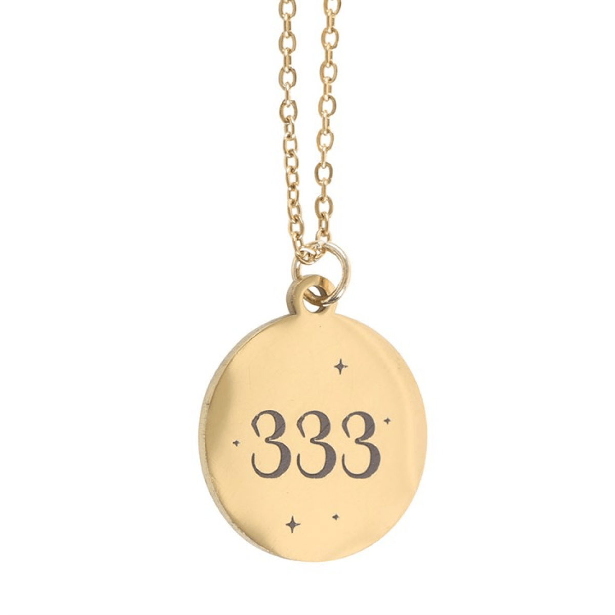 Gold necklace featuring the 333 Angel Number on a circular pendant.