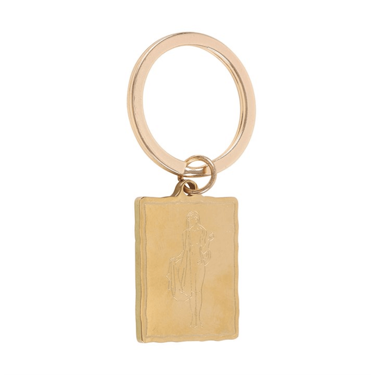 Gold keychain with a rectangular pendant on a white background