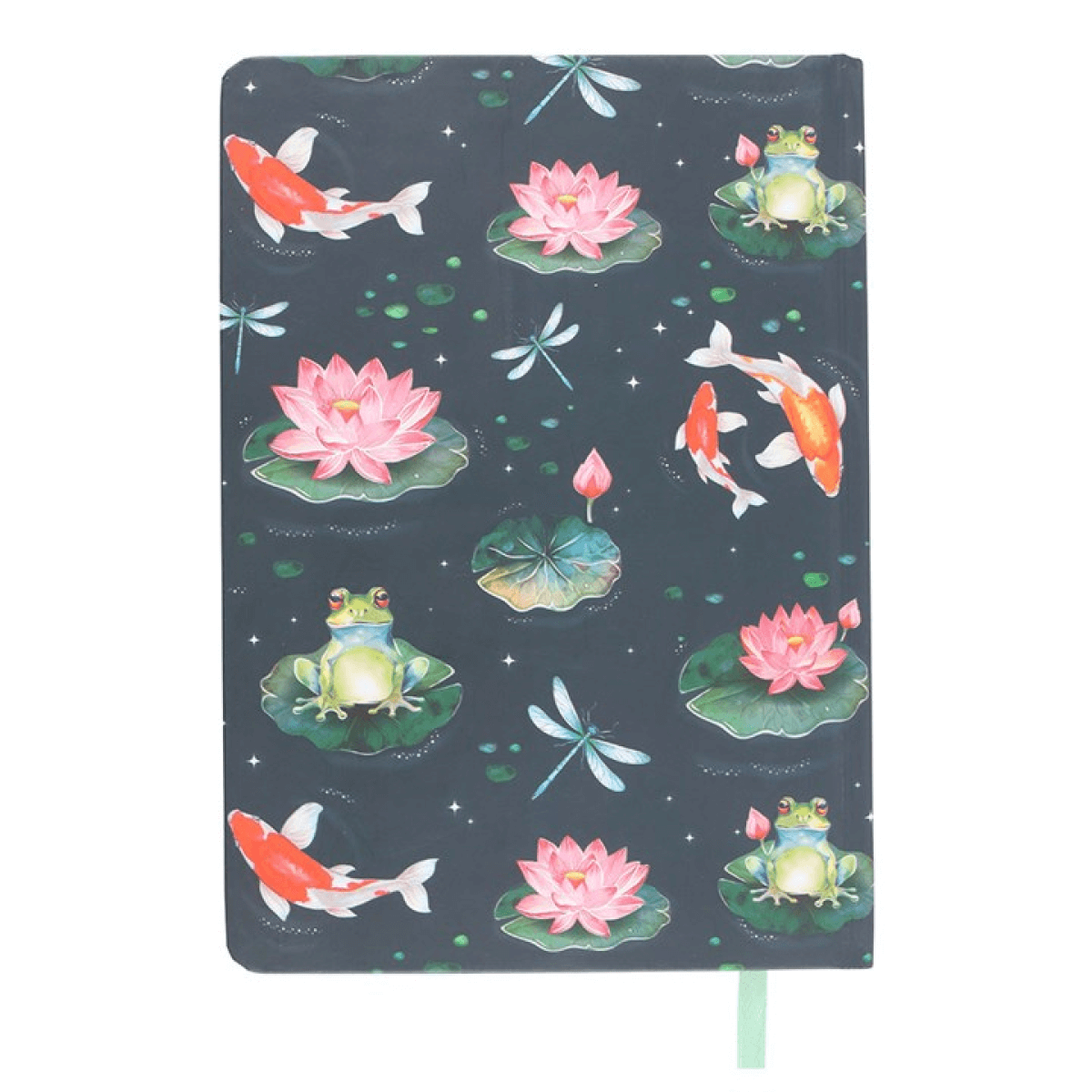 Notebook with a pond-themed design featuring fish, frogs, and lotus flowers on a dark background.