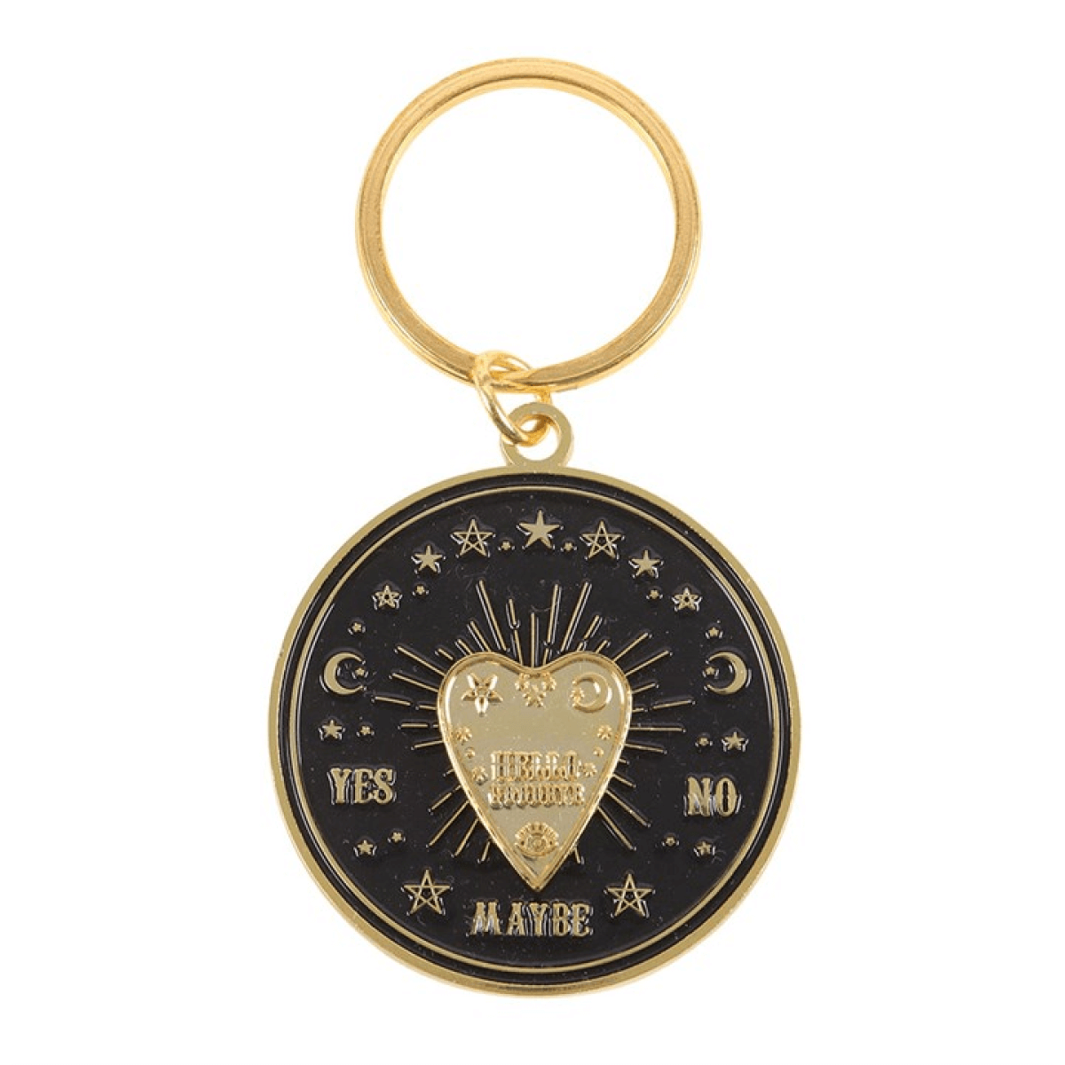 Keychain with a black and gold design featuring stars and a heart with 'YES', 'NO', and 'MAYBE' text on a white background.