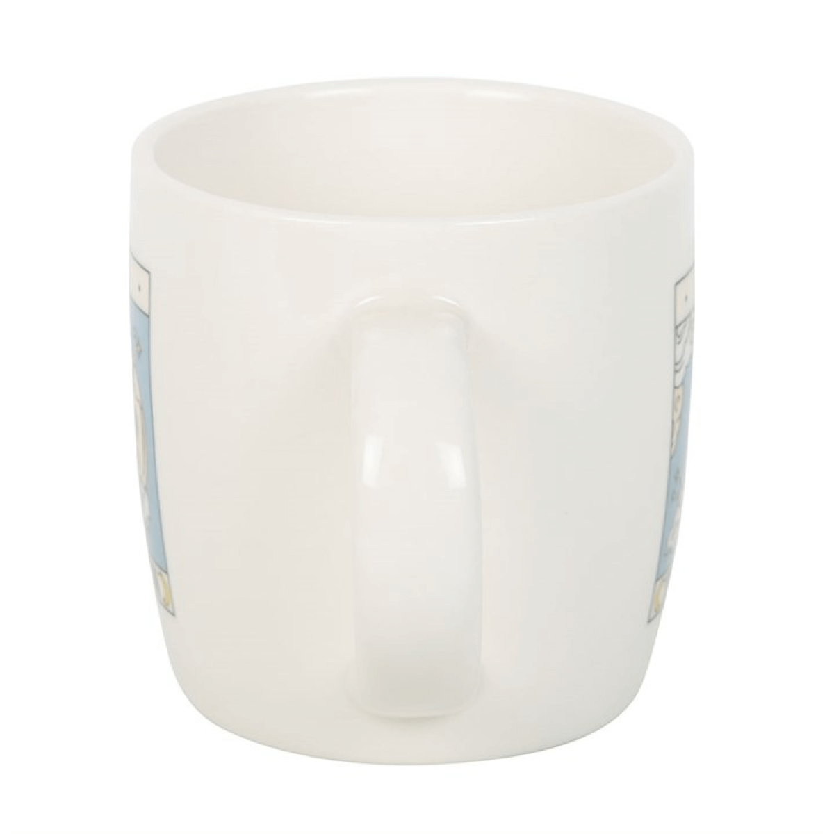 White ceramic mug with blue floral patterns on a white background