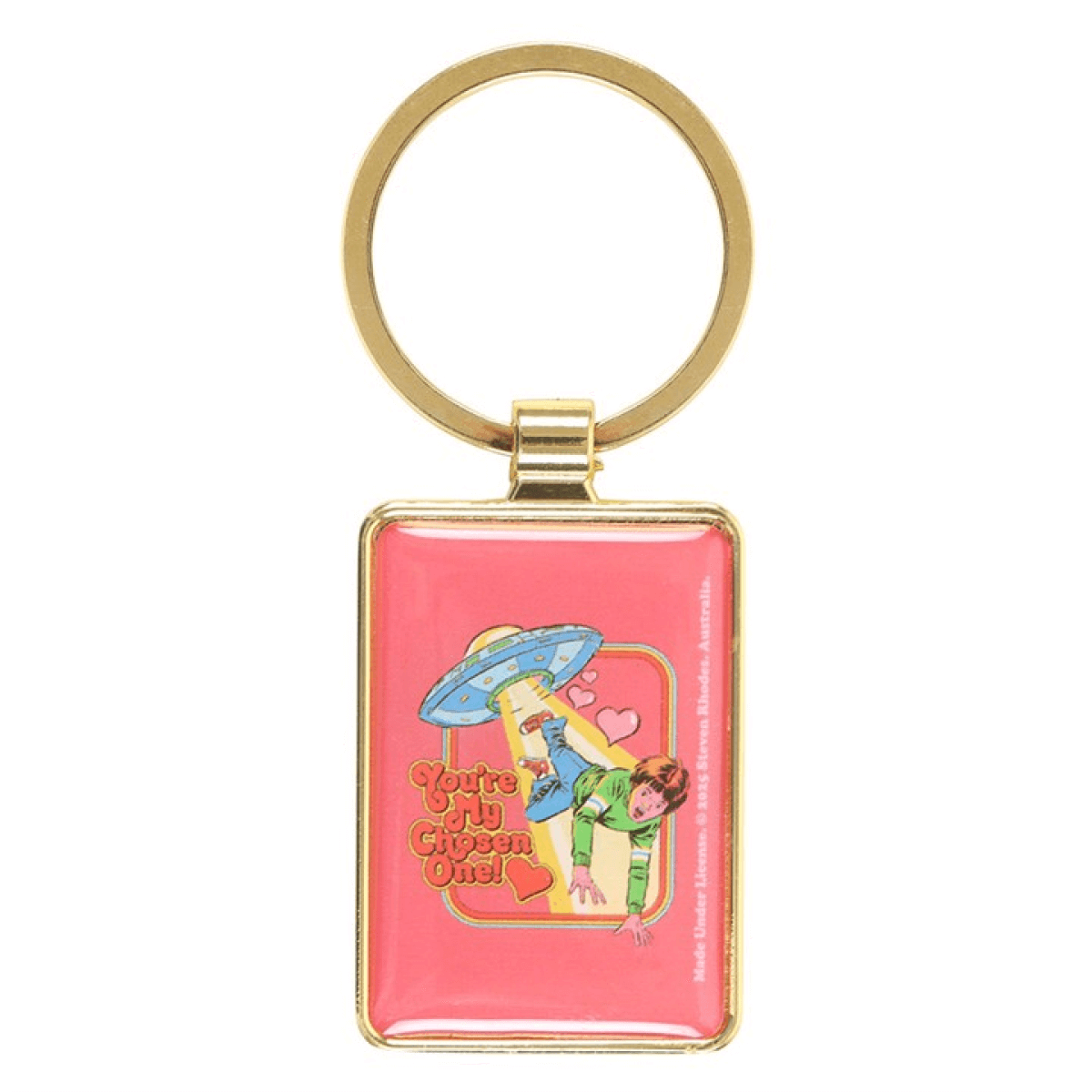 Keychain with a colorful design on a pink background