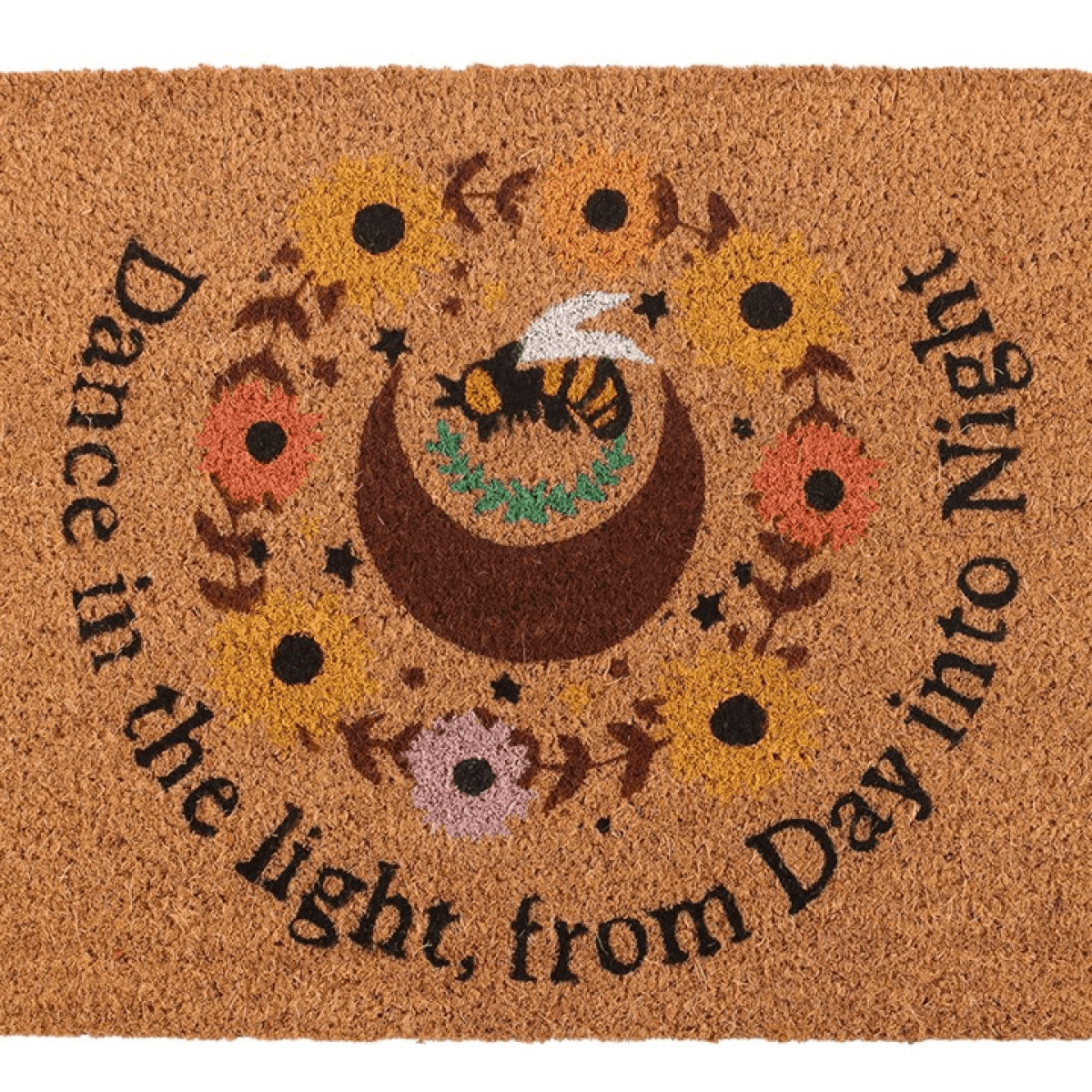 Decorative doormat with moon, flowers, and text on a brown background