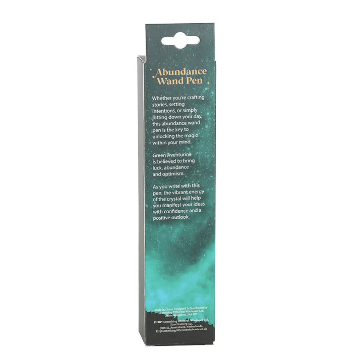 Packaging of an Abundance Wand Pen with text on a white background