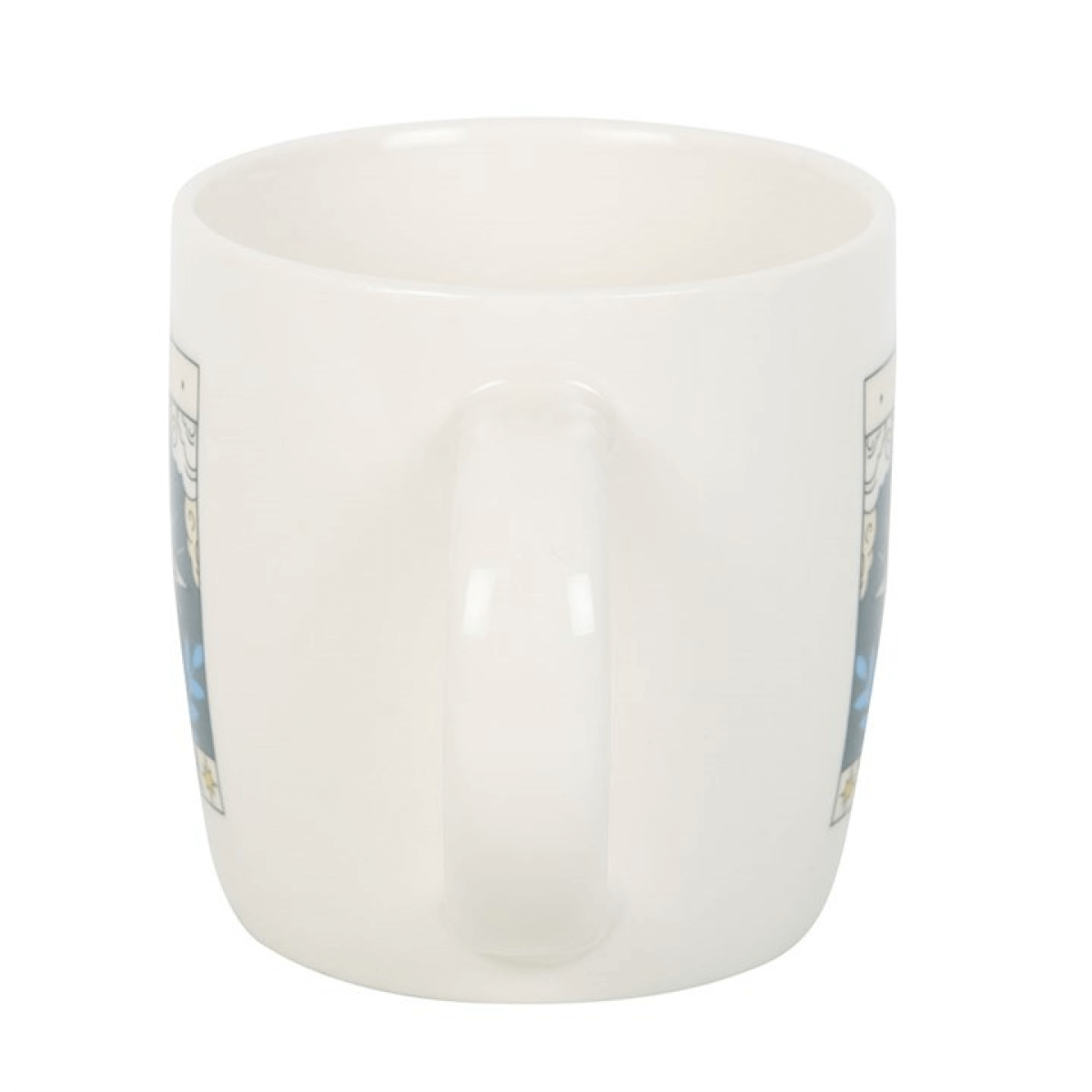 White ceramic mug with floral patterns on a white background