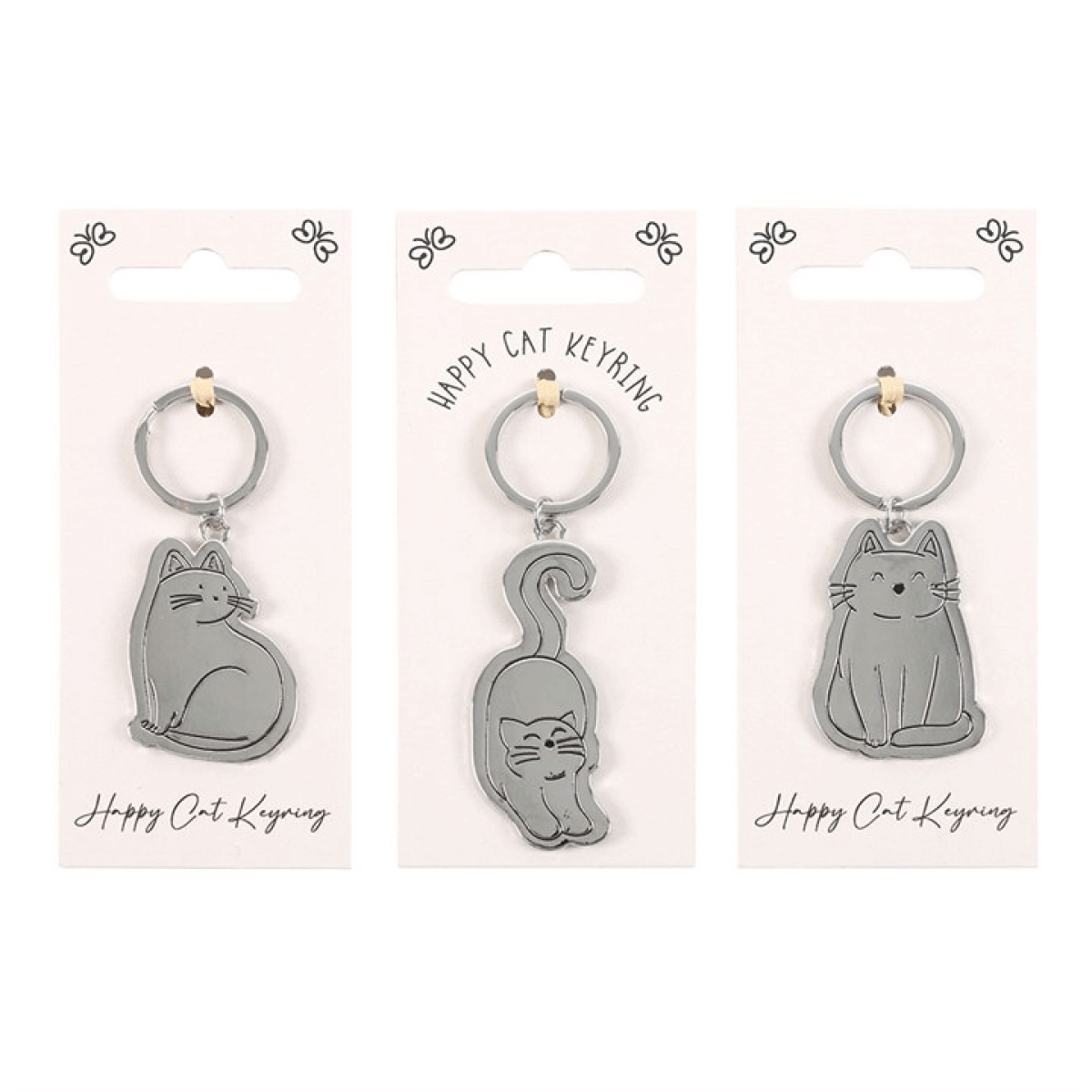 Set of 24 Happy Cat Keyrings on Display