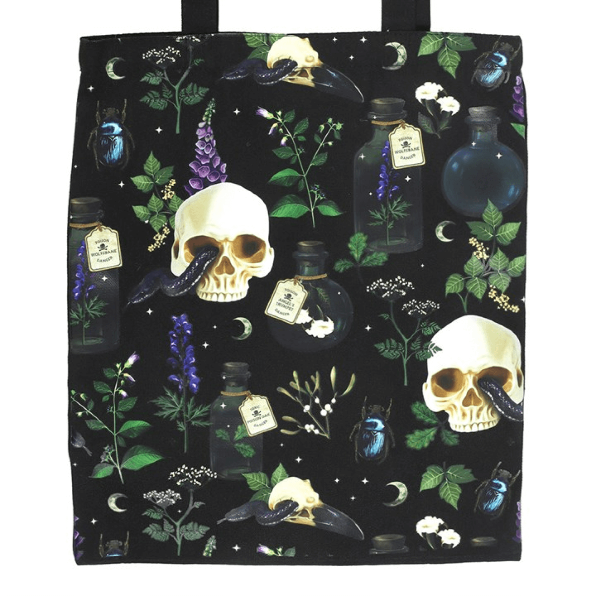 Tote bag with skull and potion design on a black background
