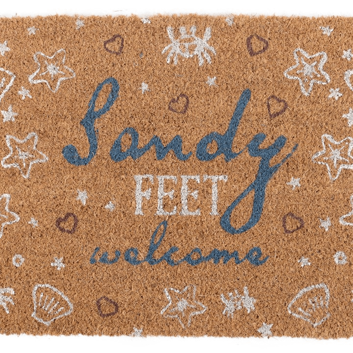 Doormat with 'Sandy Feet Welcome' text and beach-themed decorations on a brown background