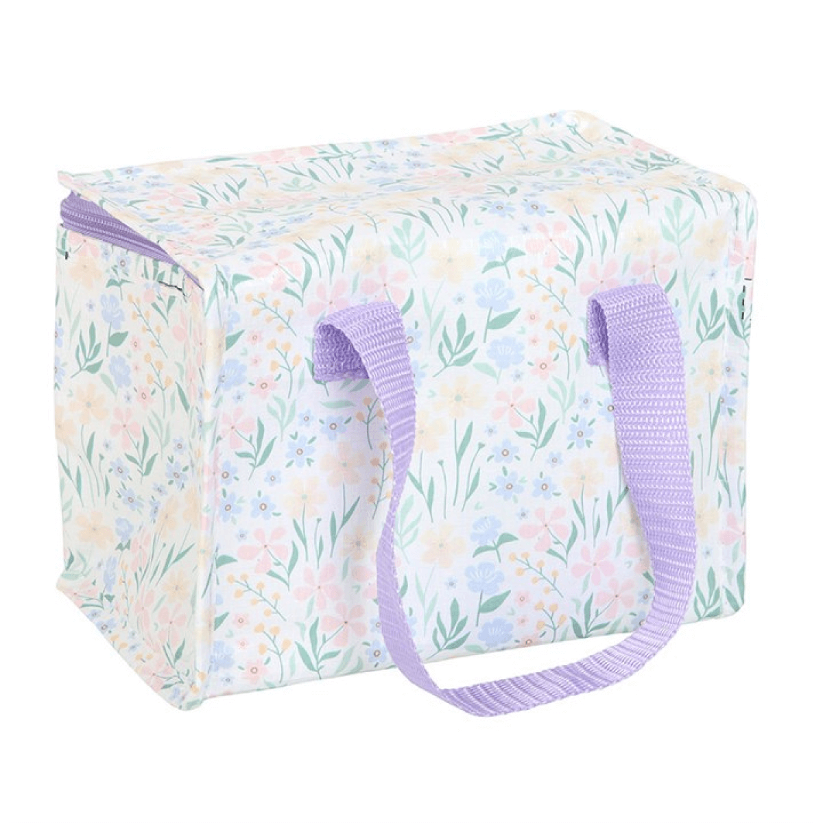 Storage box with floral pattern and purple handle on a white background