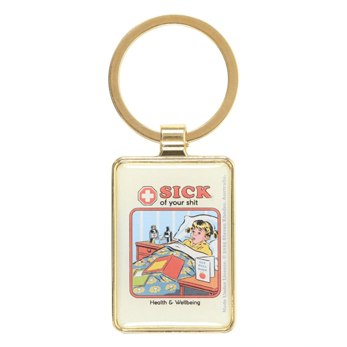 Keychain with a humorous design featuring a person in bed and text on a white background