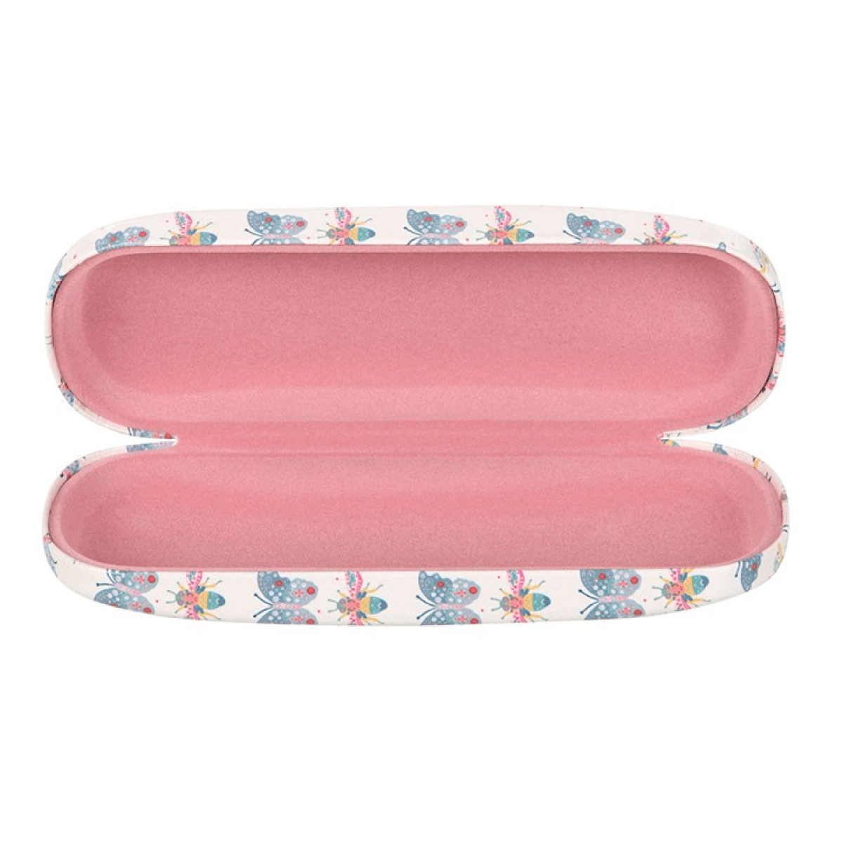 Pink eyeglass case with floral and butterfly pattern on a white background