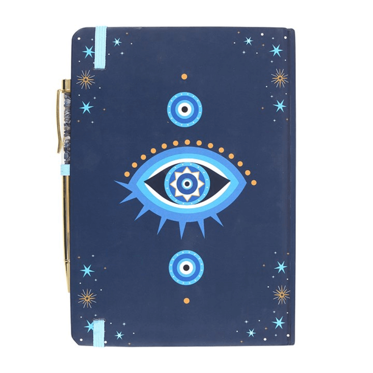 Notebook with blue eye design and star patterns on a dark blue background