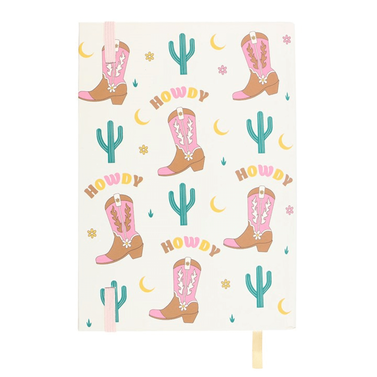 Patterned paper with pink cowboy boots, green cacti, and 'howdy' text on a white background