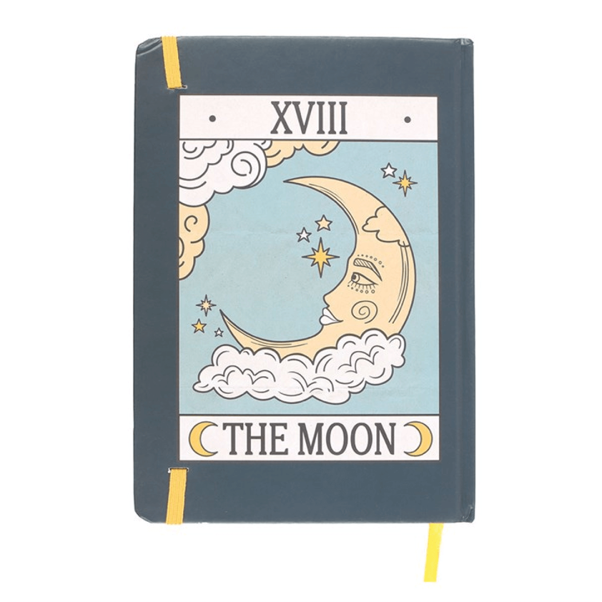 Notebook with 'The Moon' tarot card design on a white background