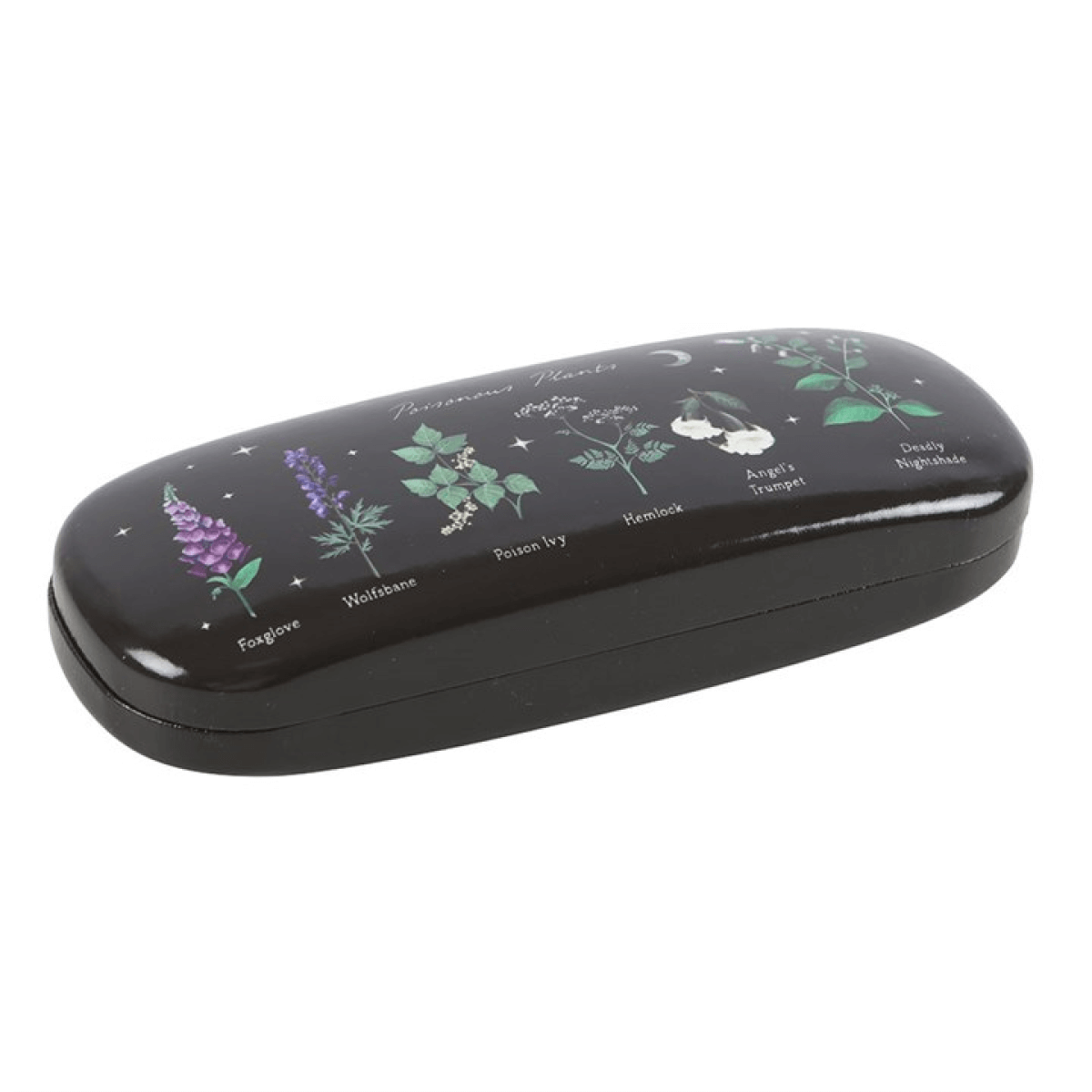 Black glasses case with botanical designs and text on a white background